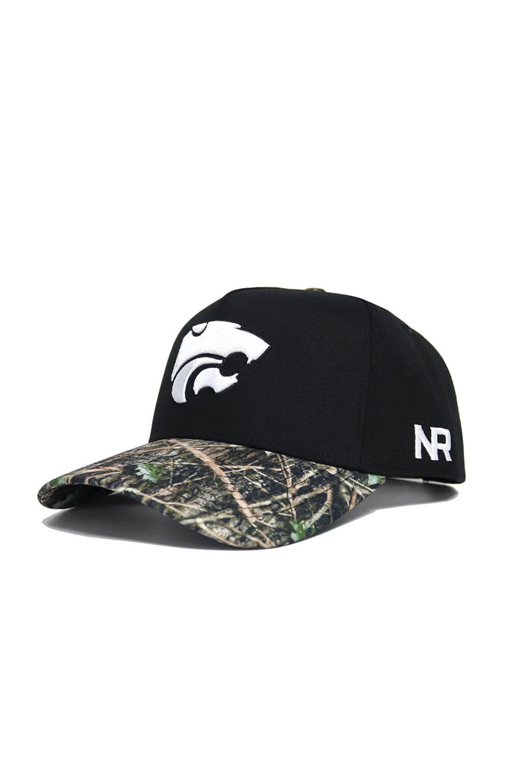 The No Rivals K-State Camo Hat – Trailblazer Edition features a black snapback, white wildcat logo, camo bill, white NR letters on the side, and is made from high-quality cotton. Officially licensed.