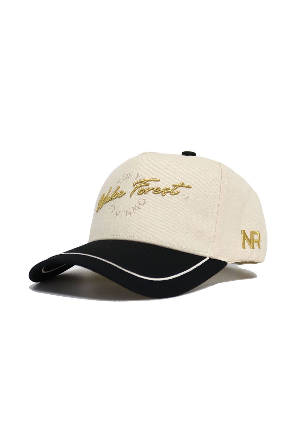 The No Rivals Wake Forest ALOYO Hat is a beige and black baseball cap with "Noble Forest" in gold on the front and "NR" stitched on the side. Made of high quality cotton, it has a black brim with white trim and an adjustable snap back.