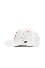 The Sam Houston State Gameday Hat is a white mesh baseball cap with red stitching, a red top button, and a black and white NR logo patch on the side. This structured snapback is perfect for your next gameday look.