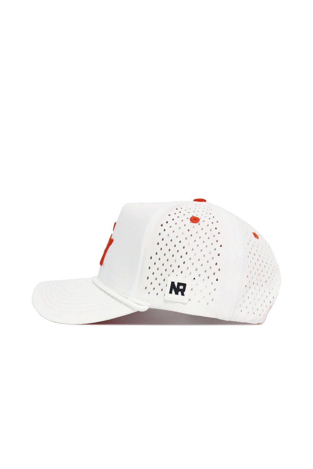 The Sam Houston State Gameday Hat is a white mesh baseball cap with red stitching, a red top button, and a black and white NR logo patch on the side. This structured snapback is perfect for your next gameday look.