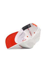 The Sam Houston State Gameday Hat is a white and red snapback, shown from underneath with a red brim, white interior, and "NO RIVALS" printed on the inner lining. It has a structured fit and ventilation holes on the back.