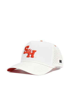 The Sam Houston State Gameday Hat is a white baseball cap with orange SH letters and a paw print, vented side panels, a curved brim, and a structured fit—ideal for showing team spirit on game day.