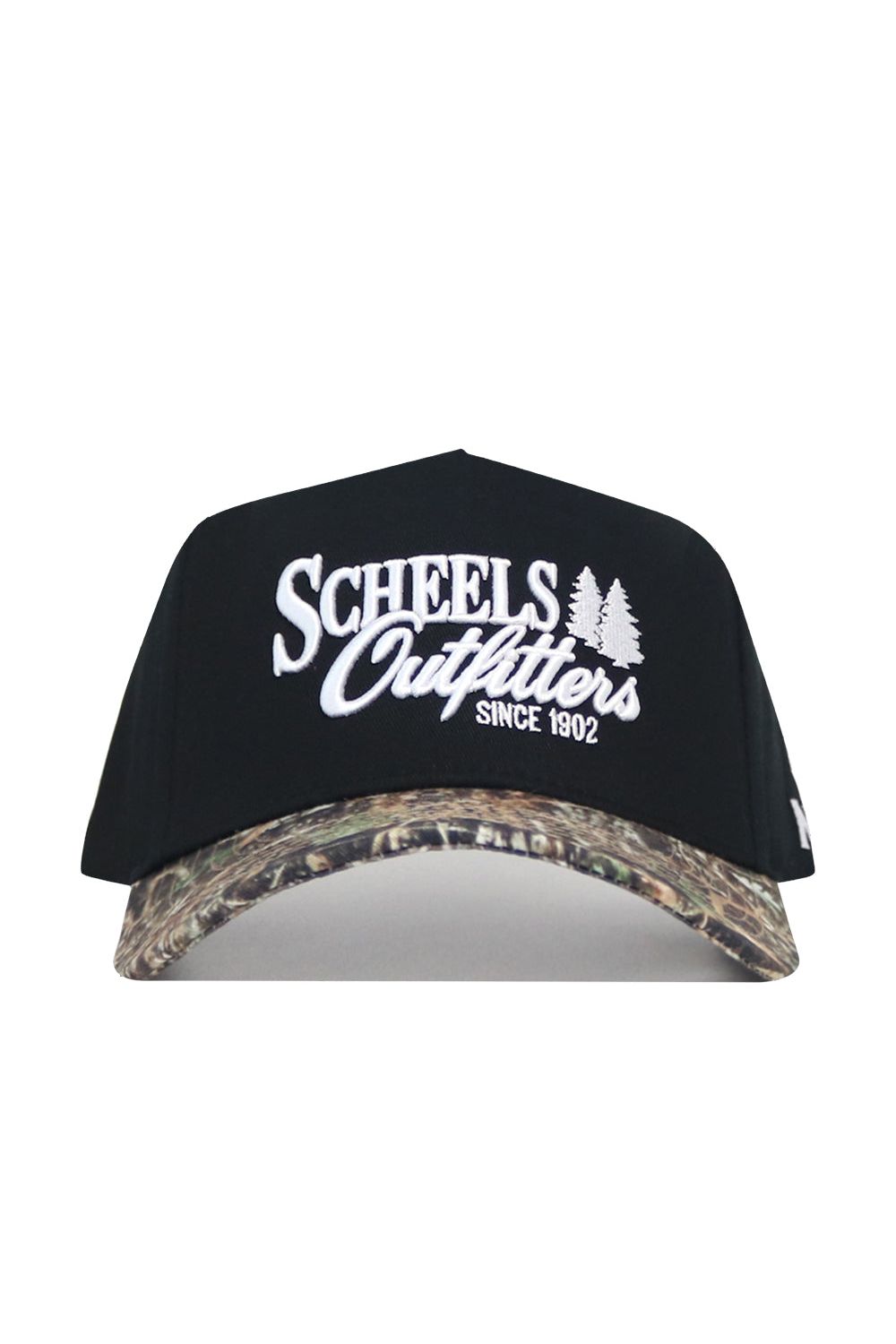The Scheels Camo Trailblazer Hat features "SCHEELS Outfitters SINCE 1902" and two white tree graphics on the black front, plus a structured fit with a green and brown camouflage brim.