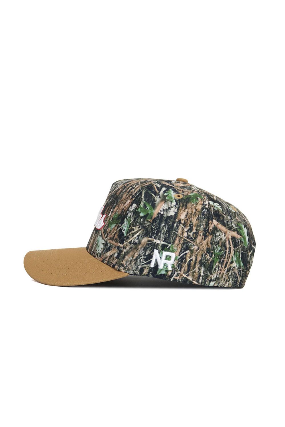 A side view of the No Rivals Dallas Camo Hat - Explorer Edition, featuring a camouflage pattern, brown brim, high-quality cotton construction, and white NR initials embroidered on the side.