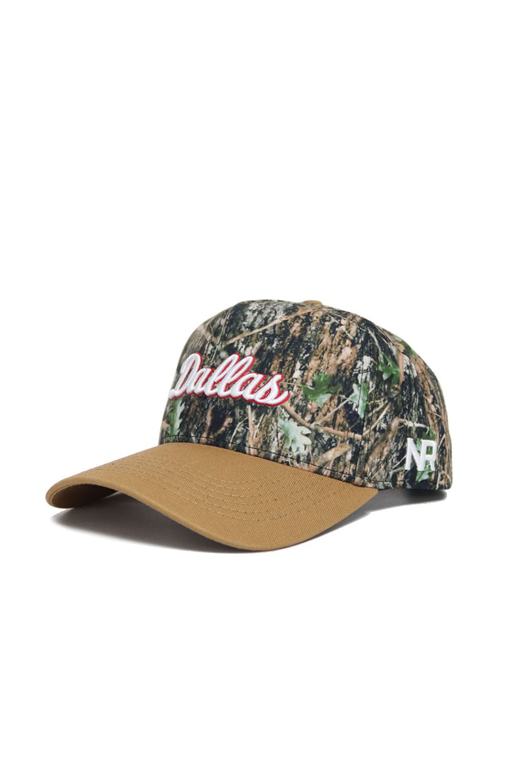 The Dallas Camo Hat - Explorer Edition by No Rivals features a camo crown, "Dallas" in white and red script, a solid tan brim, and NR stitched in white. Made from premium cotton for comfort and durability.