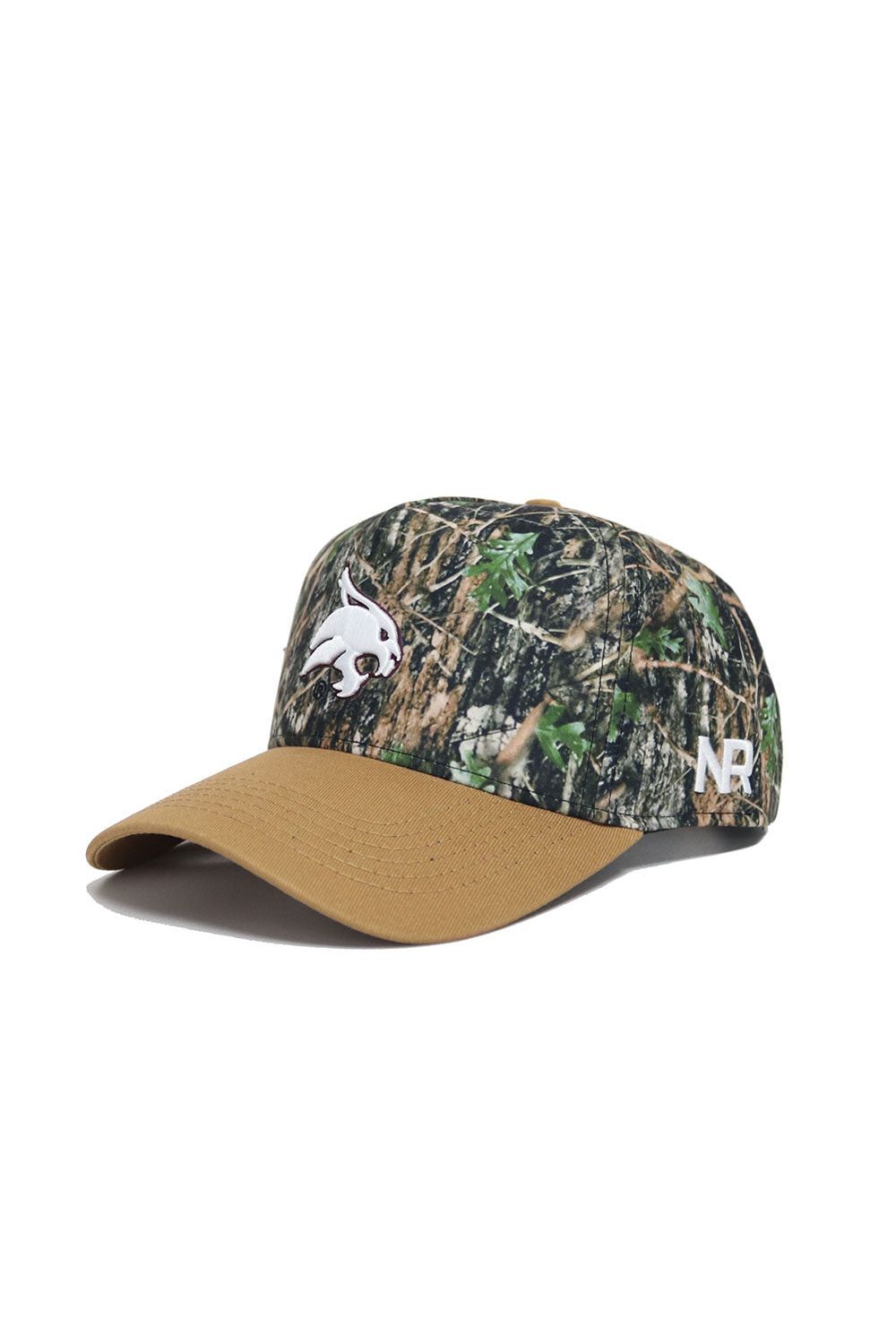The No Rivals Texas State Camo Hat - Explorer Edition features a camo crown, tan brim, and high-quality cotton. A white embroidered animal logo adorns the front, with white "NR" initials on the side for a structured fit.