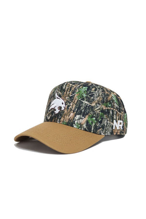 The No Rivals Texas State Camo Hat - Explorer Edition features a camo crown, tan brim, and high-quality cotton. A white embroidered animal logo adorns the front, with white "NR" initials on the side for a structured fit.