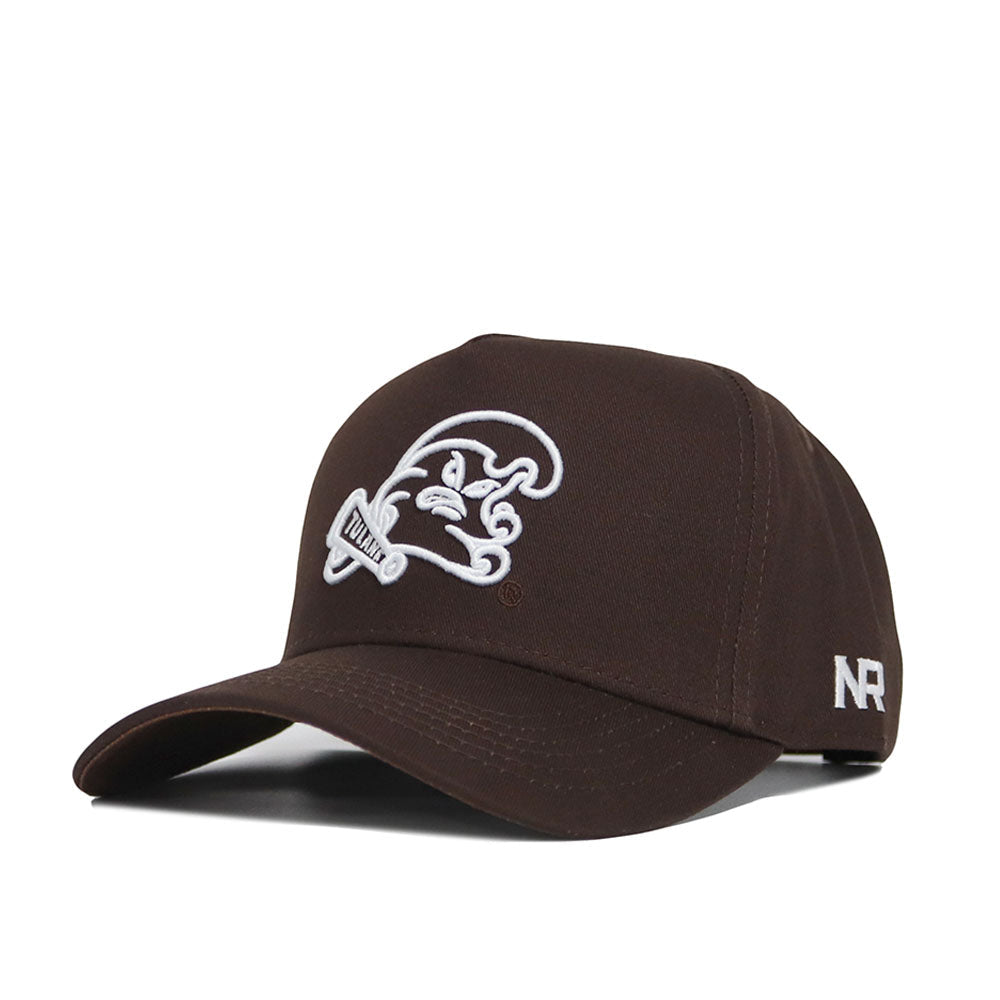 The Tulane Americano Hat is a brown snapback crafted from high quality cotton, featuring a white cartoon face logo on the front and the white initials NR embroidered on the side.