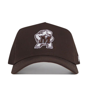 The University of Maryland Americano Hat is a brown snapback baseball cap with an embroidered mascot—a muscular turtle with an "M" on its chest—centered on the front.