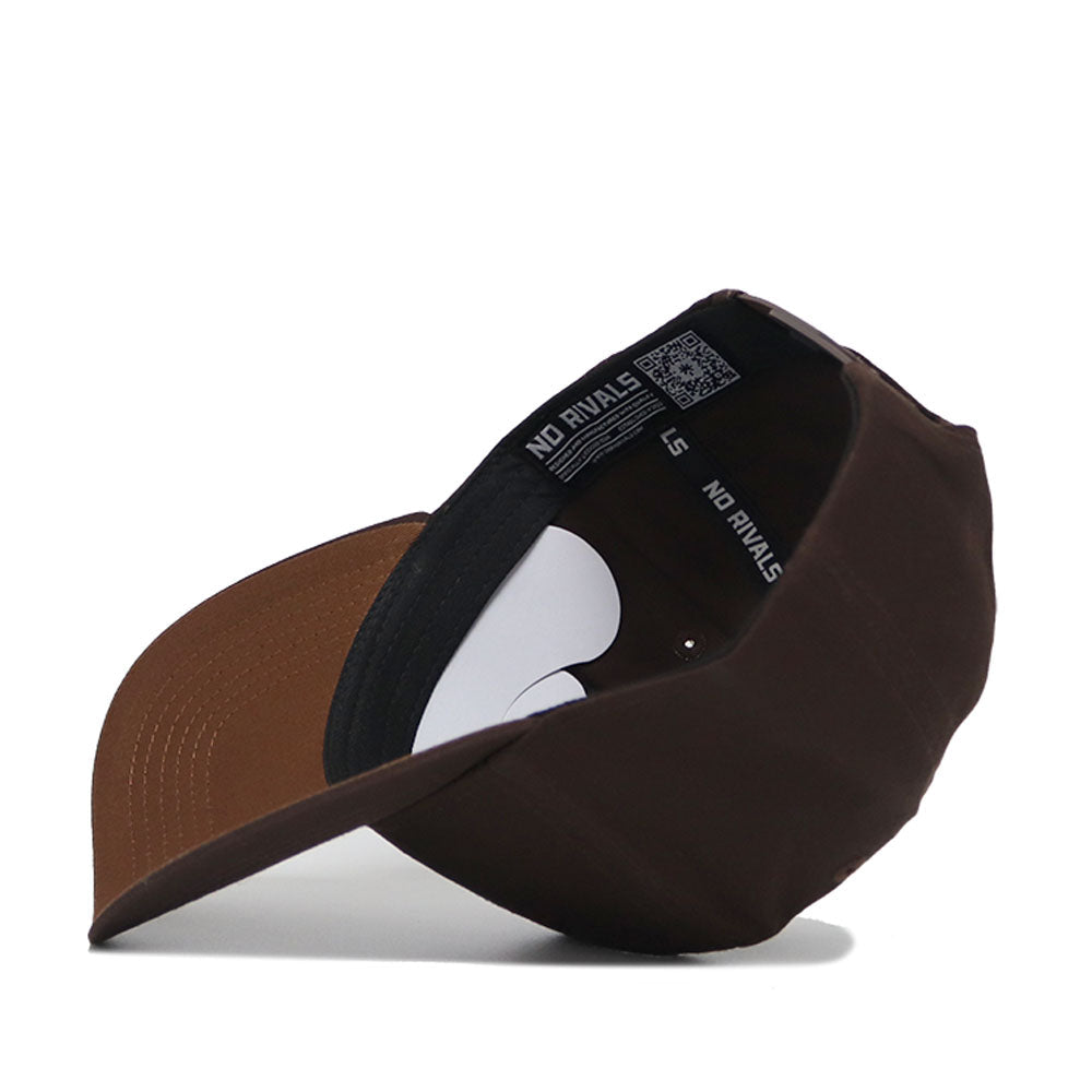 The University of Maryland Americano Hat is a brown snapback baseball cap made of high-quality cotton, shown from below to display the No Rivals label and contrasting brown brim underside, with the cap on its side and brim facing left.