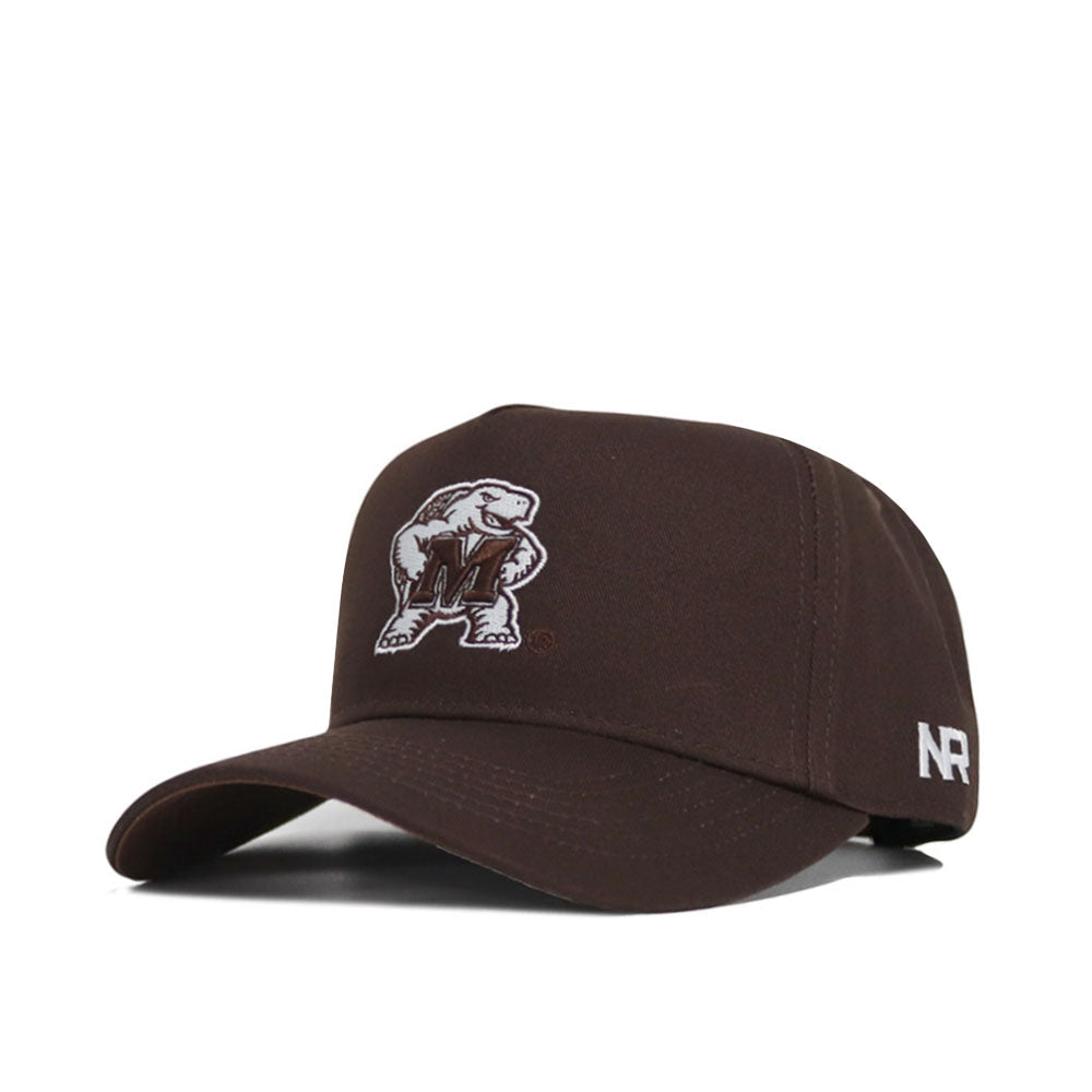 The University of Maryland Americano Hat is a brown snapback baseball cap with an embroidered bear mascot featuring an M on its chest, white NR initials on the side, and made from high-quality cotton.