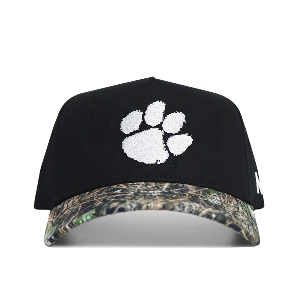 The No Rivals Clemson Camo Hat - Trailblazer Edition is a structured black cap with a white paw print logo and a camouflage-patterned brim, crafted from high quality cotton.