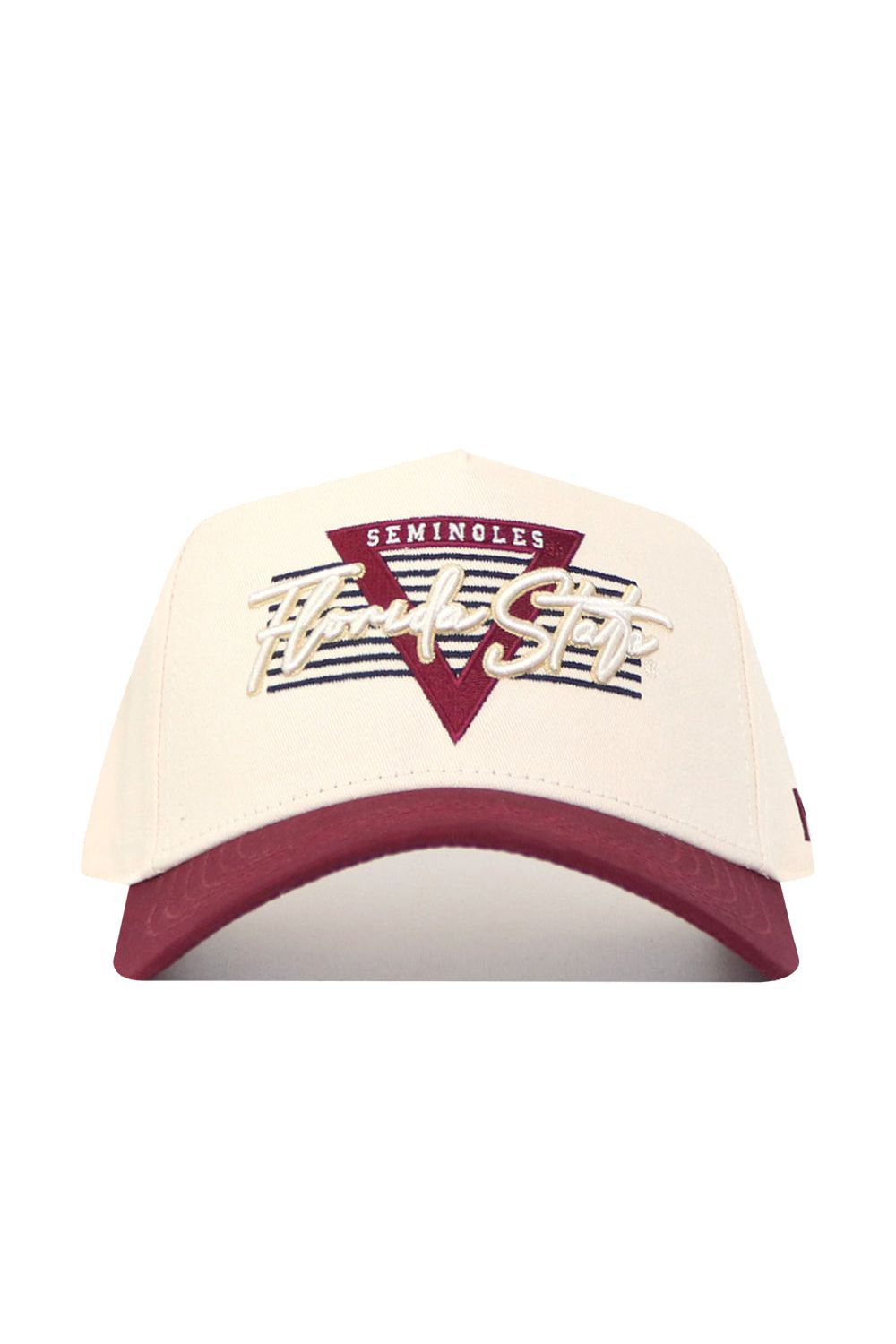The Florida State Triangle Game Cap Hat is a cream and maroon snapback with Seminoles and Florida State embroidered on the front, plus a maroon triangle and horizontal stripes in its structured fit design.