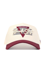 The Florida State Triangle Game Cap Hat is a cream and maroon snapback with Seminoles and Florida State embroidered on the front, plus a maroon triangle and horizontal stripes in its structured fit design.