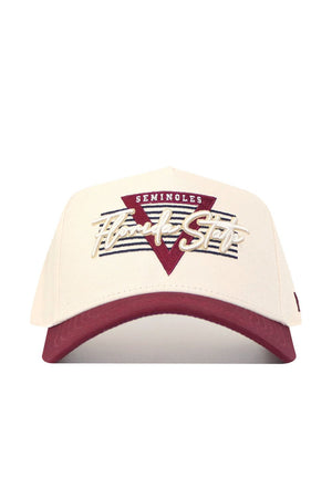 The Florida State Triangle Game Cap Hat is a cream and maroon snapback with Seminoles and Florida State embroidered on the front, plus a maroon triangle and horizontal stripes in its structured fit design.