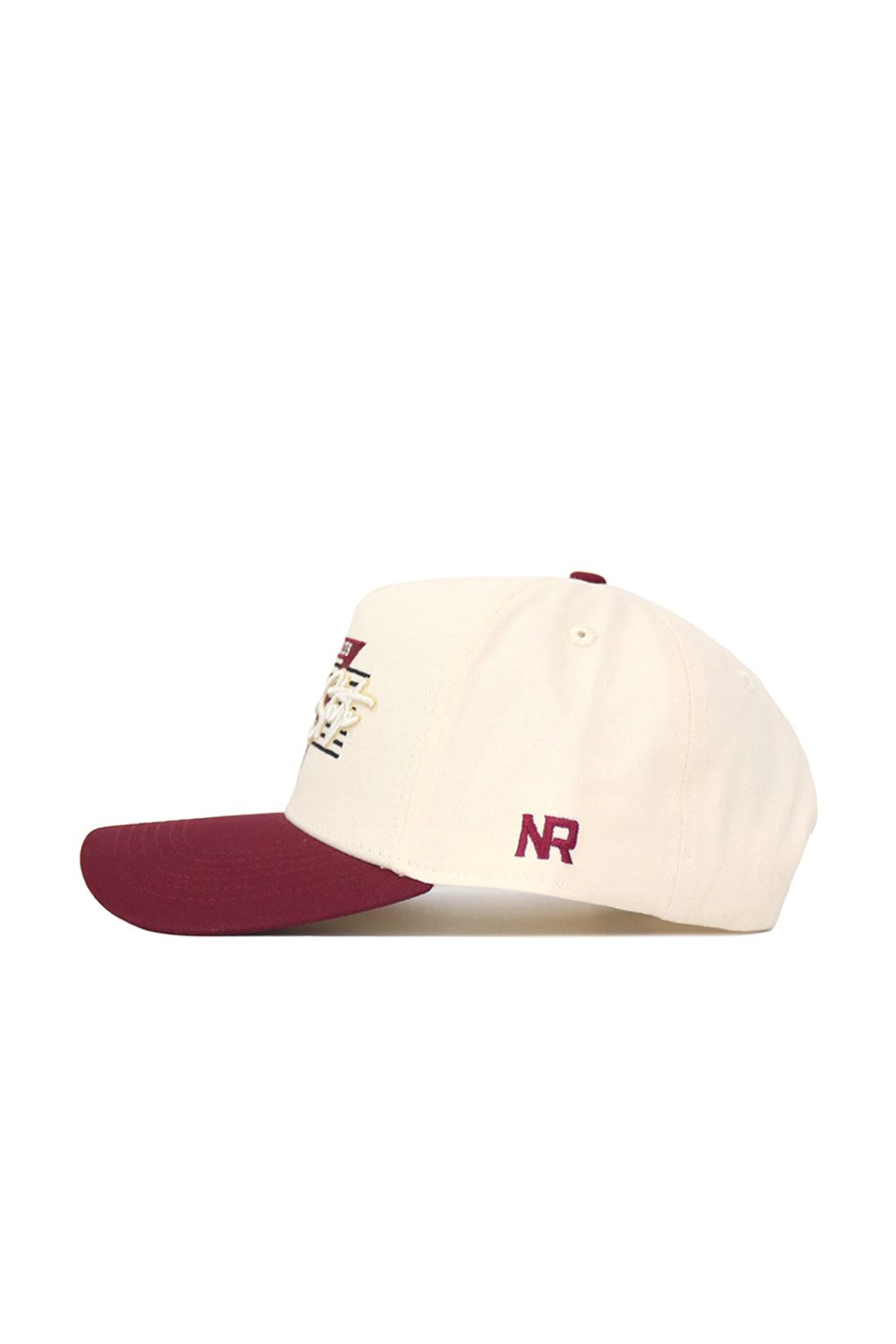 The Florida State Triangle Game Cap Hat is a white snapback with a structured fit, maroon brim and button, maroon NR embroidery on the side, an overlapping letter logo on the front, and made from high-quality cotton.