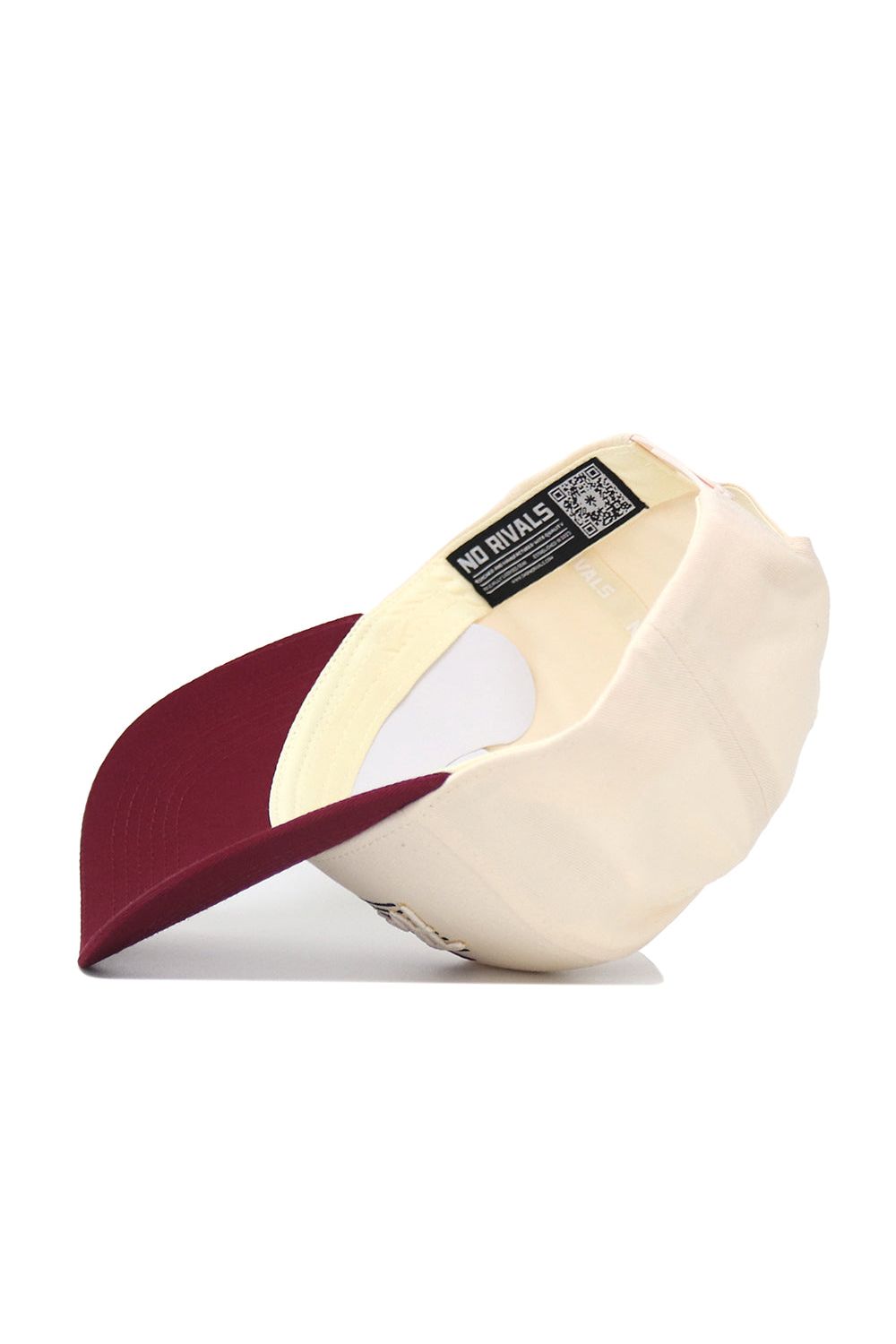 The Florida State Triangle Game Cap Hat is shown upside down, revealing the inside label with NO RIVALS, a QR code, and other branding details on this structured snap back cream and maroon hat.
