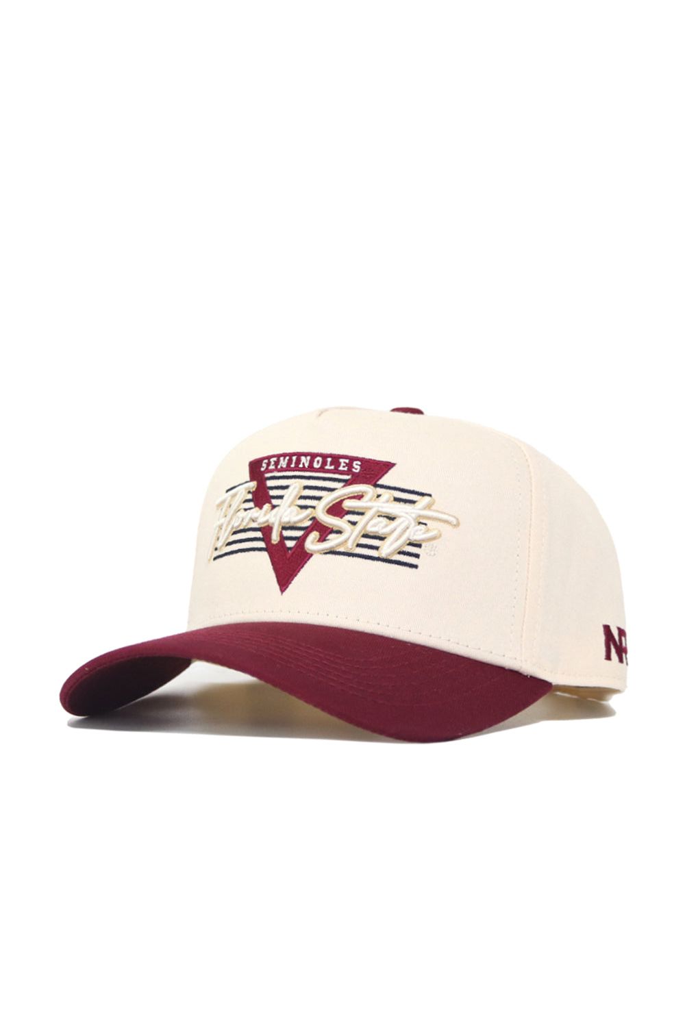 The Florida State Triangle Game Cap Hat is a beige and maroon snapback with "Seminoles" and "Florida State" embroidered above a maroon triangle and black stripes. Made of high-quality cotton, it has a structured fit and N and S in maroon on the side.