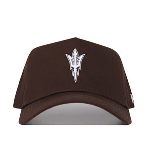 The Arizona State Americano Hat is a brown, structured baseball cap made of high-quality cotton with a white embroidered trident logo on the front, shown against a plain white background.