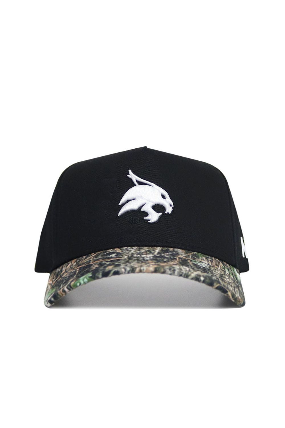 The No Rivals Texas State Camo Hat - Trailblazer Edition features a black cotton crown, white bobcat logo on the front, camouflage brim, and an adjustable snapback closure for comfort and style.