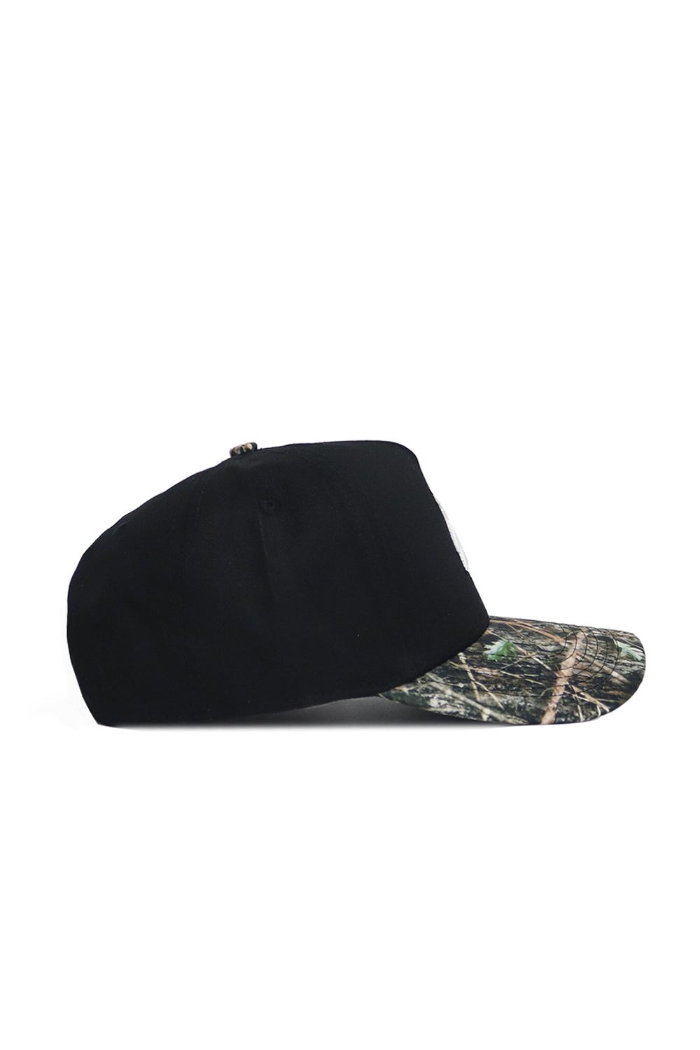 The No Rivals Texas State Camo Hat - Trailblazer Edition features a black crown with a camouflage brim, made from premium cotton and displayed in a side view on a white background.