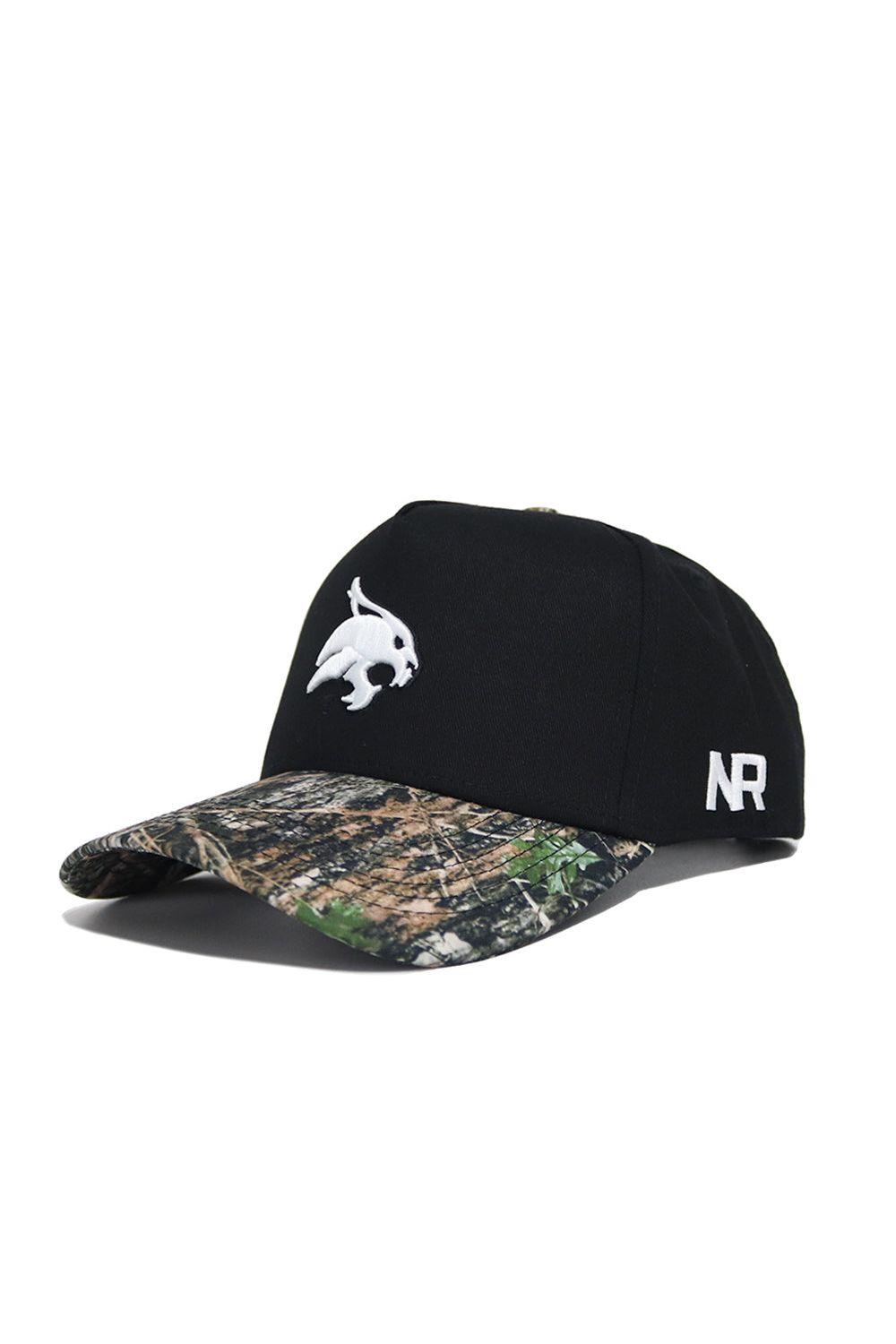 The No Rivals Texas State Camo Hat – Trailblazer Edition features a black cotton crown, camouflage brim, white embroidered animal head logo on the front, "NR" on the side, and an adjustable snapback closure for a perfect fit.