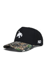 The No Rivals Texas State Camo Hat – Trailblazer Edition features a black cotton crown, camouflage brim, white embroidered animal head logo on the front, "NR" on the side, and an adjustable snapback closure for a perfect fit.