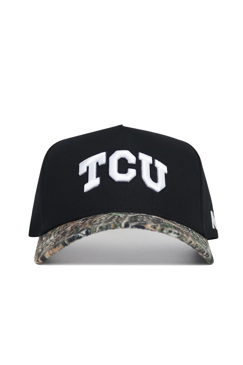 The No Rivals TCU Camo Hat - Trailblazer Edition is an officially licensed black cap with white TCU letters, a camouflage brim, and a snapback closure.
