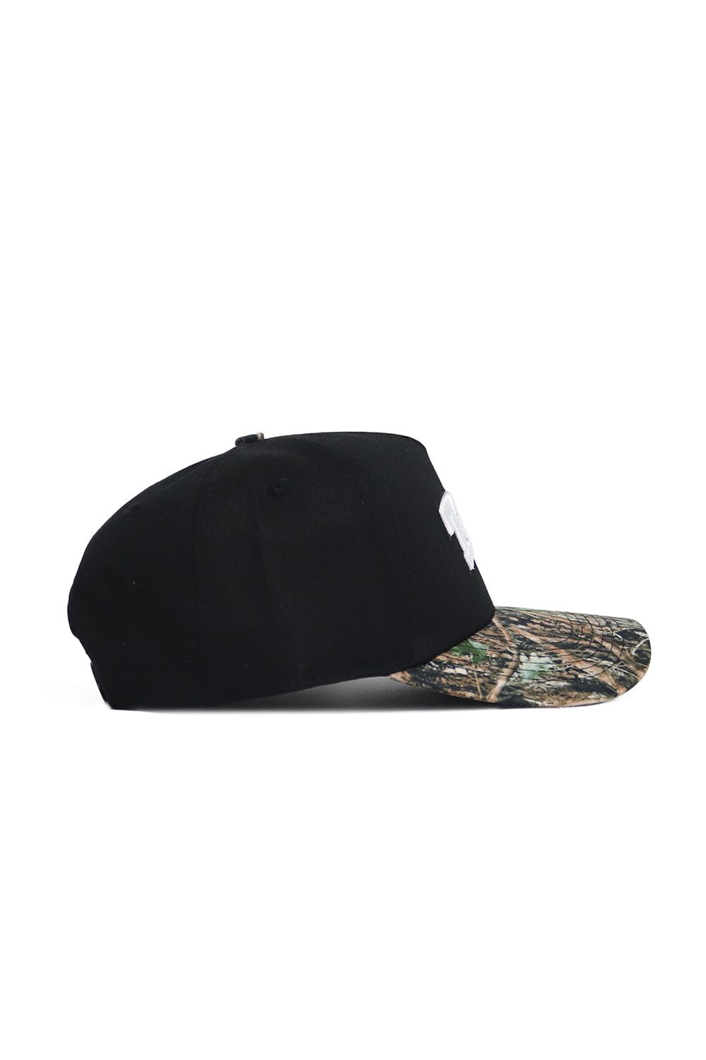 The No Rivals TCU Camo Hat - Trailblazer Edition is a black snapback baseball cap with a camouflage-patterned brim, made from high-quality cotton and displayed side-on against a white background.