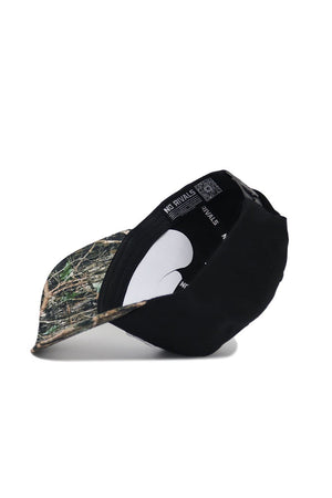 The No Rivals TCU Camo Hat - Trailblazer Edition features a camouflage-patterned brim and front, solid black back panel, and high quality cotton construction. Shown inside-out to highlight interior details and labels.