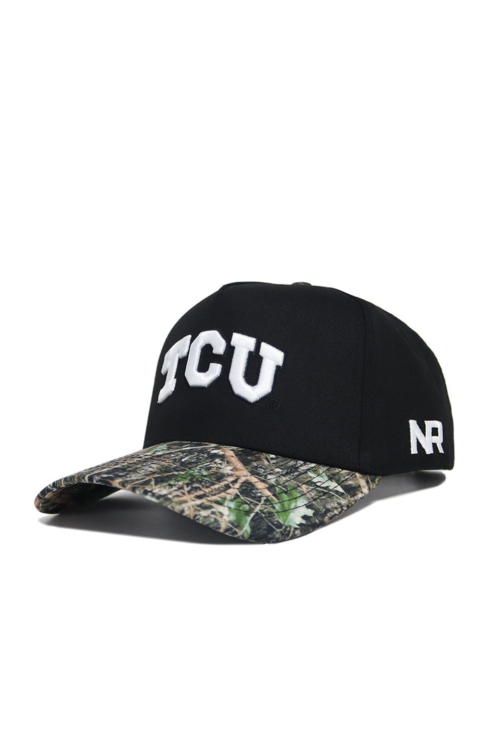 The TCU Camo Hat - Trailblazer Edition by No Rivals is a black cotton cap with bold white TCU letters on the front, a camo-patterned curved brim, white NR on the side, and a snap back closure.