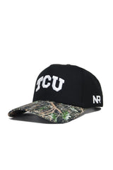 The TCU Camo Hat - Trailblazer Edition by No Rivals is a black cotton cap with bold white TCU letters on the front, a camo-patterned curved brim, white NR on the side, and a snap back closure.