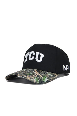 The TCU Camo Hat - Trailblazer Edition by No Rivals is a black cotton cap with bold white TCU letters on the front, a camo-patterned curved brim, white NR on the side, and a snap back closure.