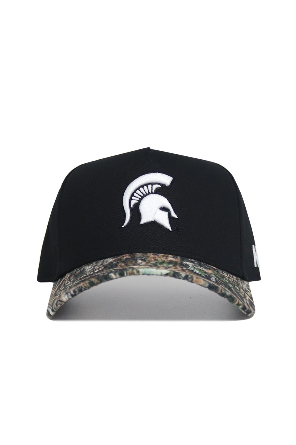 The No Rivals Michigan State Camo Hat - Trailblazer Edition is a black snapback with a white Spartan helmet logo and a camo-patterned brim, made from premium cotton for a structured fit.
