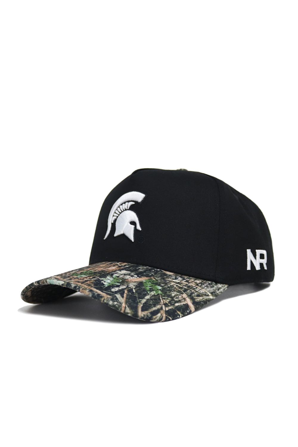 The Michigan State Camo Hat - Trailblazer Edition by No Rivals is a black snapback with a camo brim, featuring a white Spartan helmet front logo and NR on the side. Made from quality cotton for structured style and comfort.