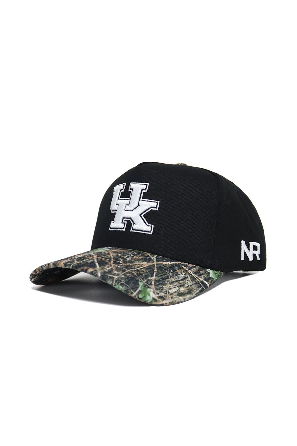 The Kentucky Camo Hat - Trailblazer Edition by No Rivals is a black snapback with a camo brim, large white UK logo front, and white NR on the side. Made from high quality cotton, this structured cap delivers standout style and comfort.