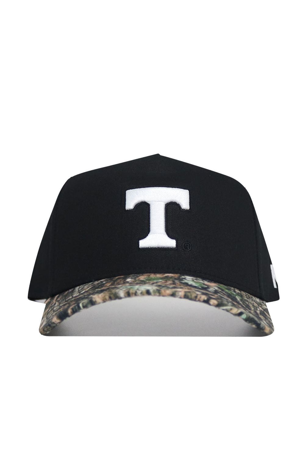 The No Rivals Tennessee Camo Hat - Trailblazer Edition is a black structured-fit baseball cap crafted from premium cotton, featuring a bold white "T" on the front and a camo-patterned brim.
