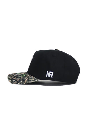 The No Rivals Tennessee Camo Hat - Trailblazer Edition is a black, structured fit hat with a camouflage design, made from high quality cotton and featuring a convenient snap back closure.