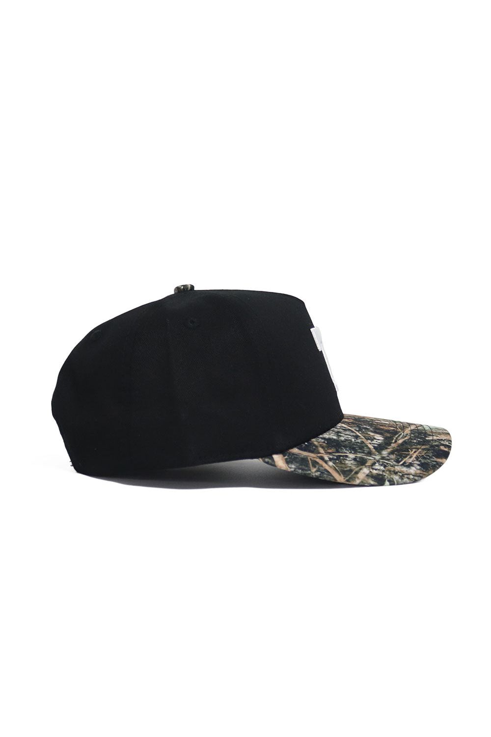 The No Rivals Tennessee Camo Hat - Trailblazer Edition features a black snapback design with a camouflage brim, made from high-quality cotton and displayed in a structured side profile against a white background.