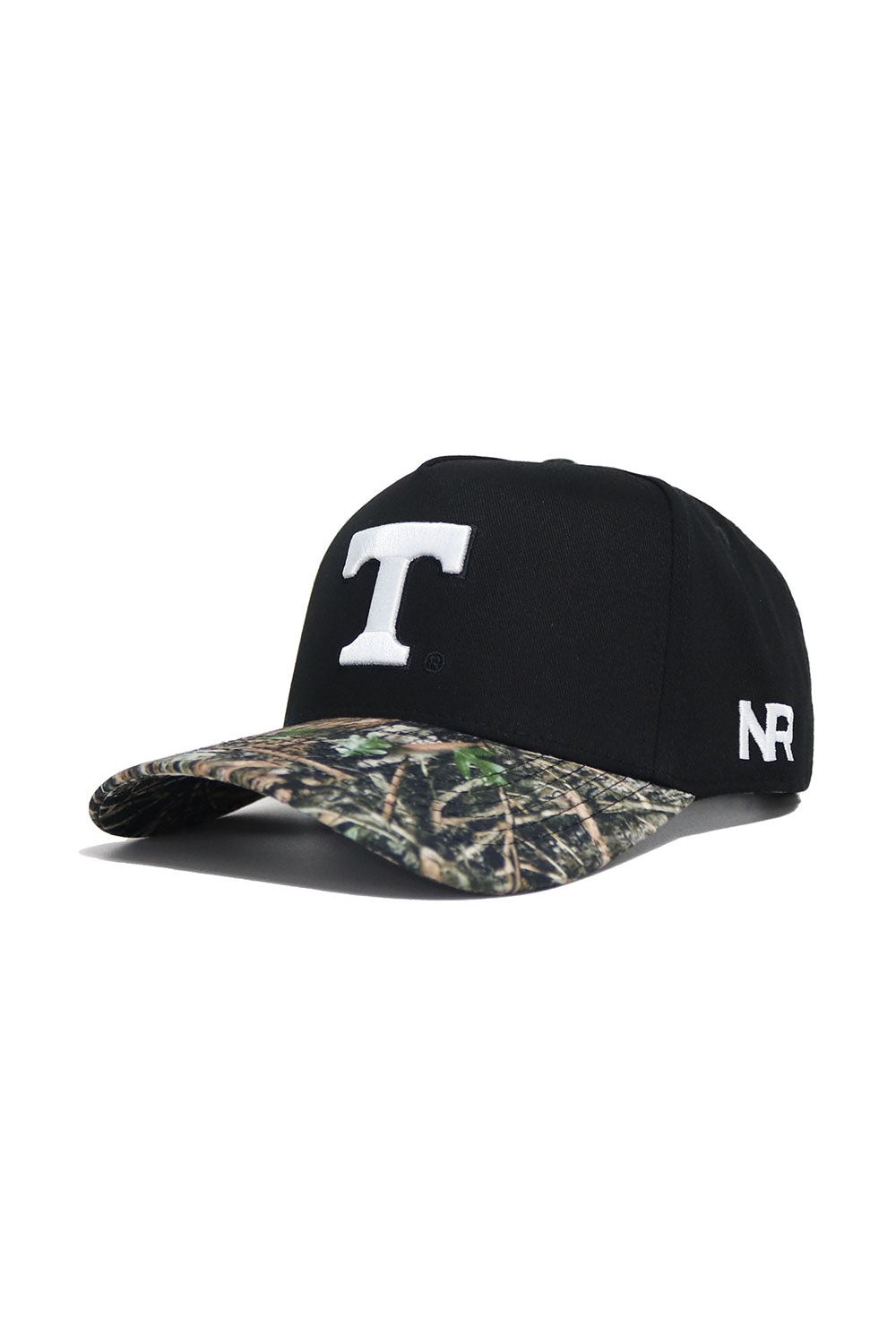 The No Rivals Tennessee Camo Hat - Trailblazer Edition is a black structured fit snapback made from quality cotton, featuring a white T on the front, camo-patterned brim, and NR embroidered in white on the side.