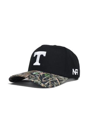 The No Rivals Tennessee Camo Hat - Trailblazer Edition is a black structured fit snapback made from quality cotton, featuring a white T on the front, camo-patterned brim, and NR embroidered in white on the side.