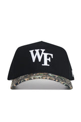 The No Rivals Wake Forest Camo Hat - Trailblazer Edition features bold white WF letters on a black crown, a camouflage-patterned bill, and a structured fit for lasting style.