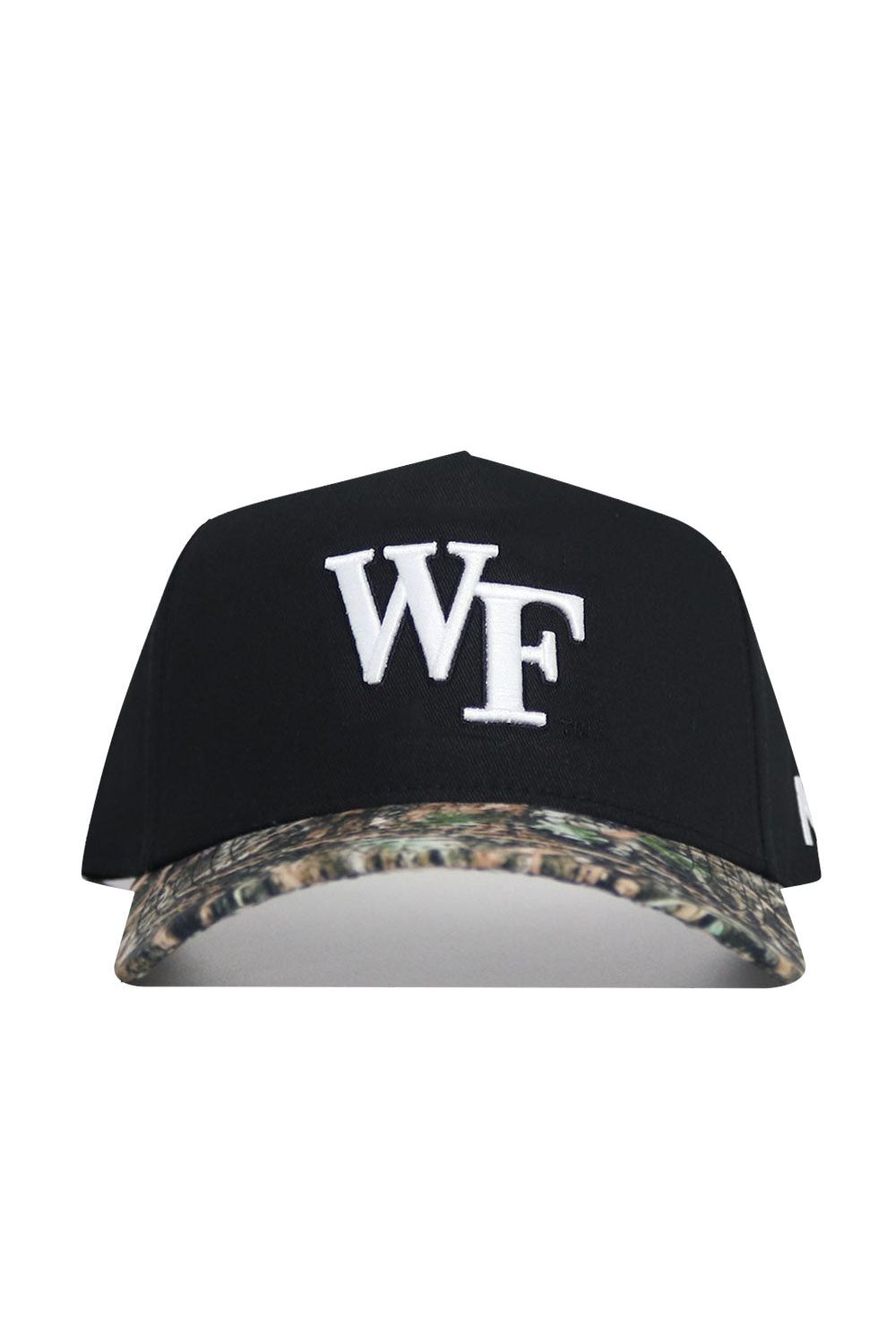 The No Rivals Wake Forest Camo Hat - Trailblazer Edition features bold white WF letters on a black crown, a camouflage-patterned bill, and a structured fit for lasting style.