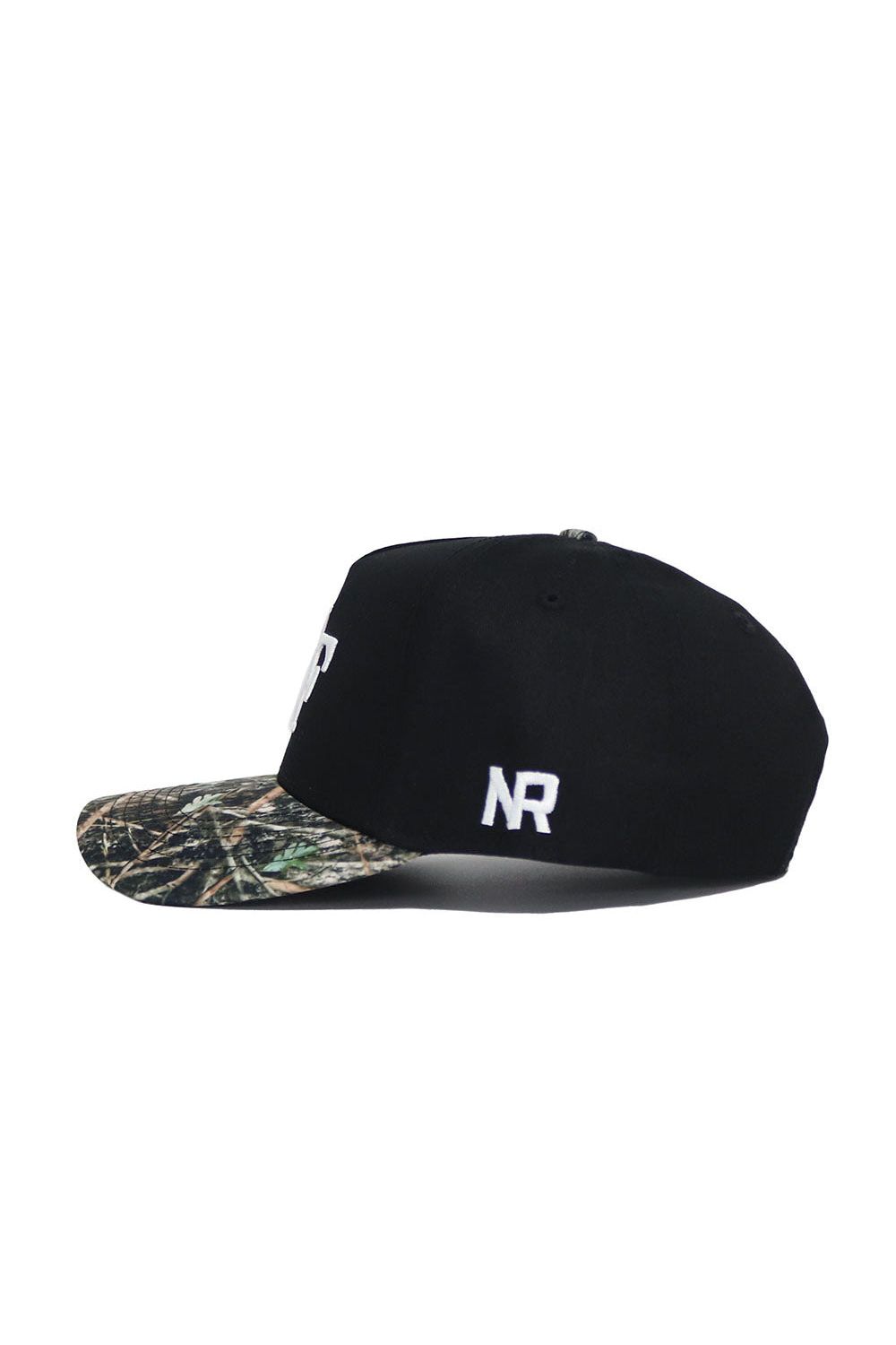 The No Rivals Wake Forest Camo Hat - Trailblazer Edition is a black snapback with a camo brim and white NR embroidery on the side, crafted from premium cotton for structure and comfort.