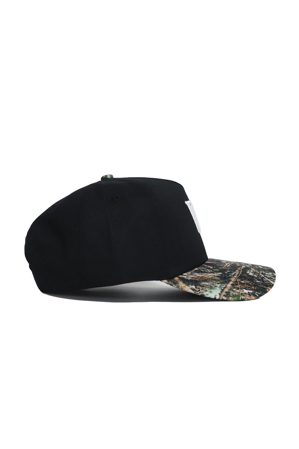 The No Rivals Wake Forest Camo Hat - Trailblazer Edition features a black crown, camouflage-patterned brim, and structured fit, displayed in side profile against a white background.