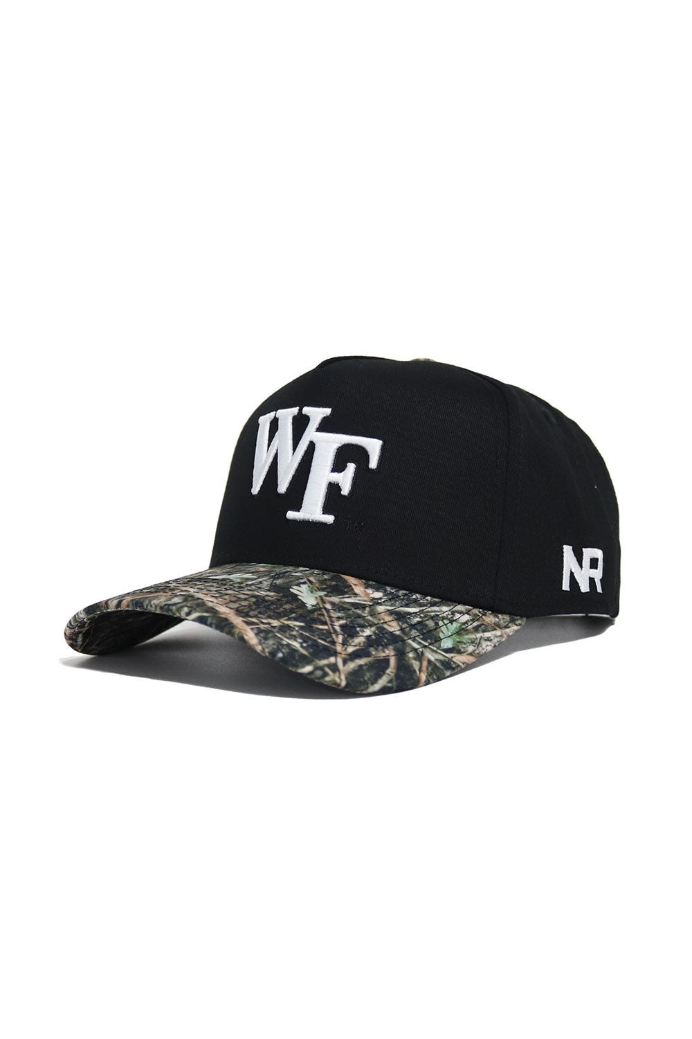 The Wake Forest Camo Hat - Trailblazer Edition by No Rivals is a black snapback with white WF embroidery on the front, NR on the side, a structured fit, high-quality cotton material, and a green/brown camo brim.