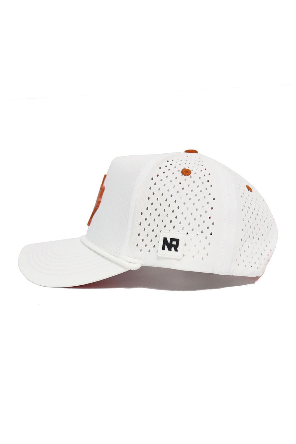 Side view of the State of Texas Gameday Hat by No Rivals—a white snapback featuring orange ventilation holes, an orange top button, and a small white patch with black "NR" lettering on the back; perfect for game day.