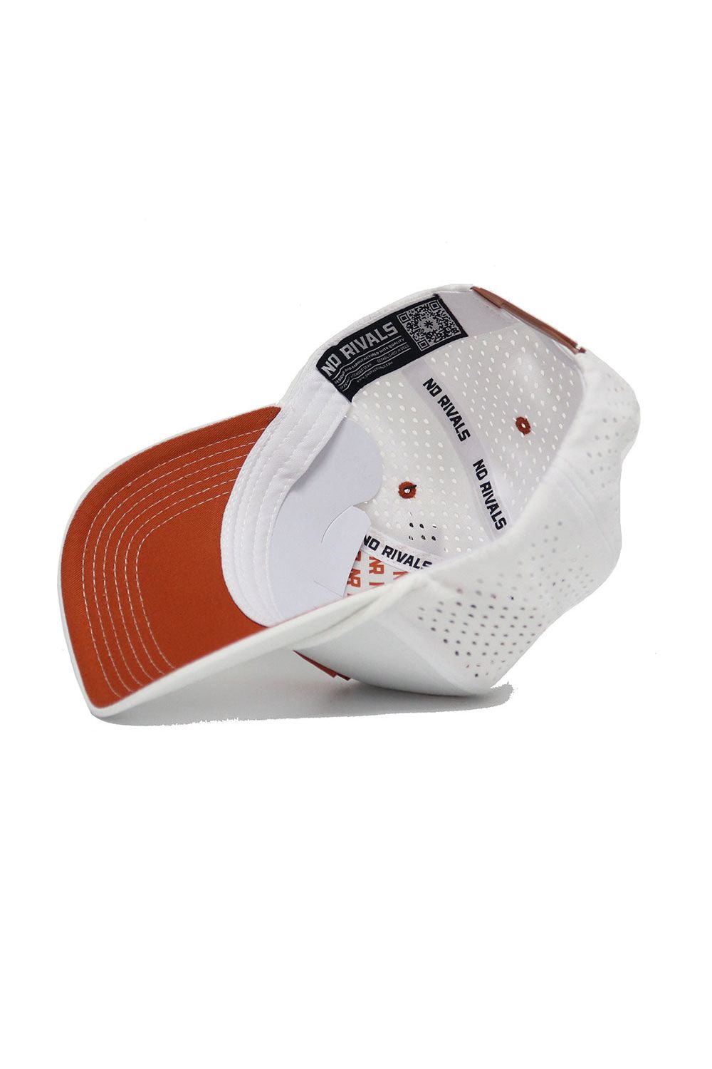 The State of Texas Gameday Hat by No Rivals is a white and burnt orange snapback with a perforated interior, polyester-cotton blend sweatband featuring NO RIVALS text, and a brim QR code—perfect for your gameday outfit.