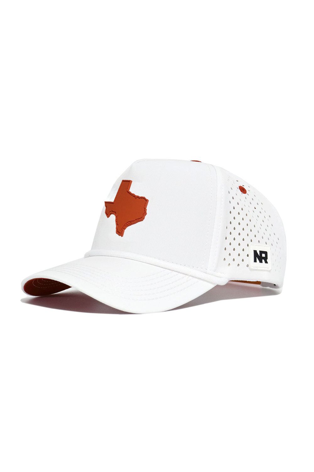 The No Rivals State of Texas Gameday Hat is a white snapback with an orange Texas outline on front, a side NR logo tag, and breathable perforated panels. Made from a polyester-cotton blend—ideal for your next gameday outfit.