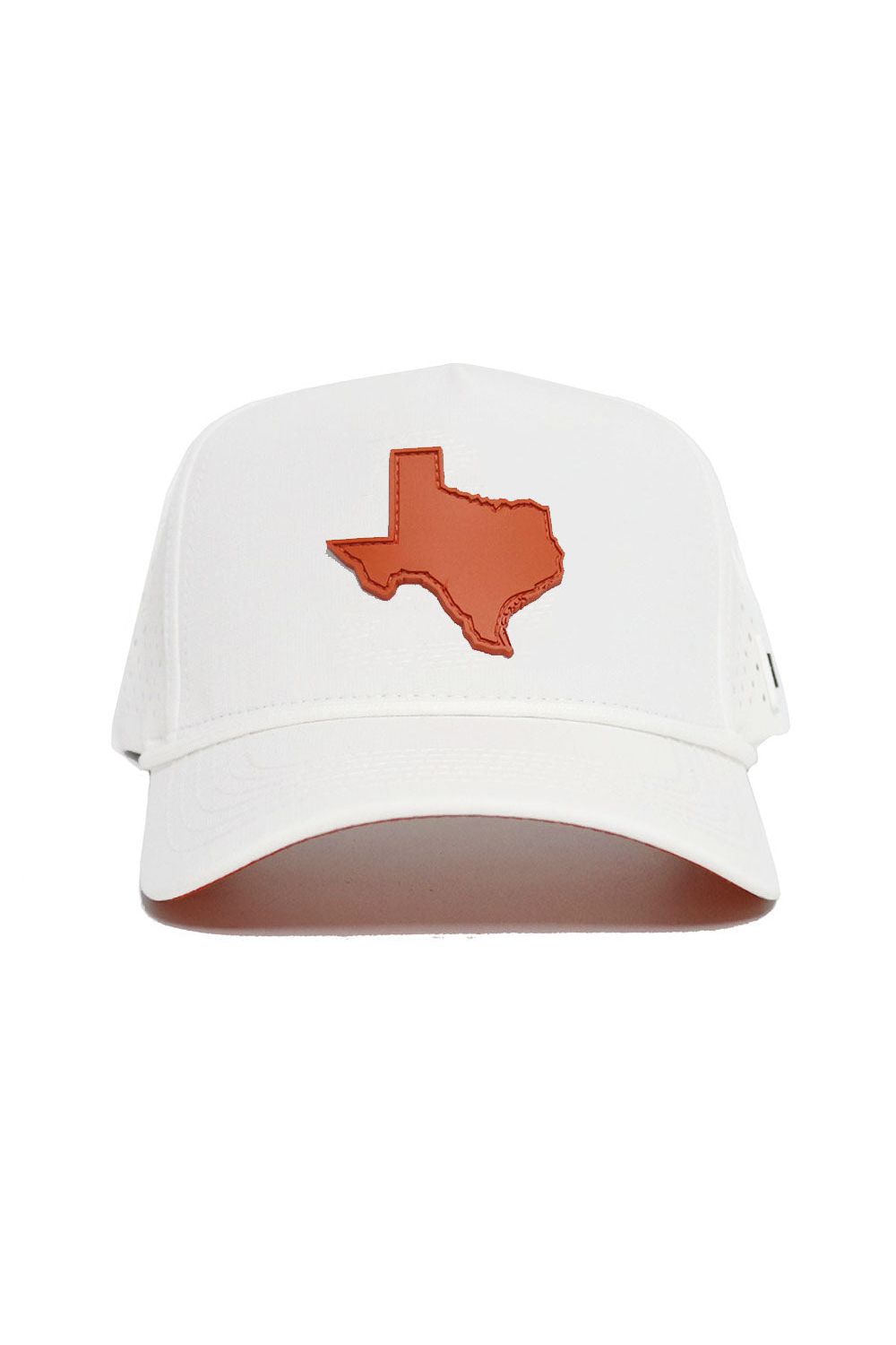The No Rivals State of Texas Gameday Hat is a white snapback baseball cap in a comfy polyester-cotton blend, featuring a brown outline of Texas on the front and an adjustable fit.